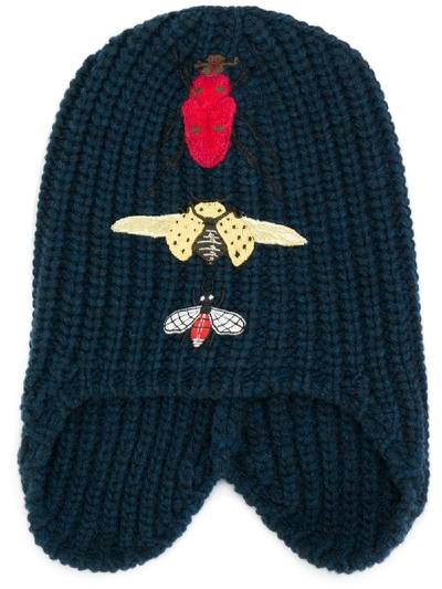 Gucci Cusco Knit Beanie Hat W/ Bug Appliques In Blue