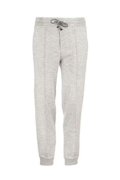 Brunello Cucinelli Trousers In Cashmere And Cotton French Terry With Elasticated Cuffs In Light Grey