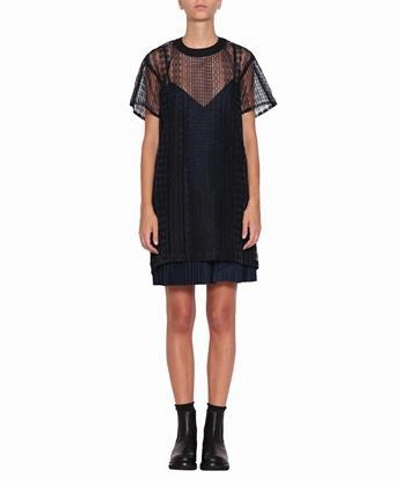 Sacai Lace Trimmed Pleated Cotton Dress In Blu