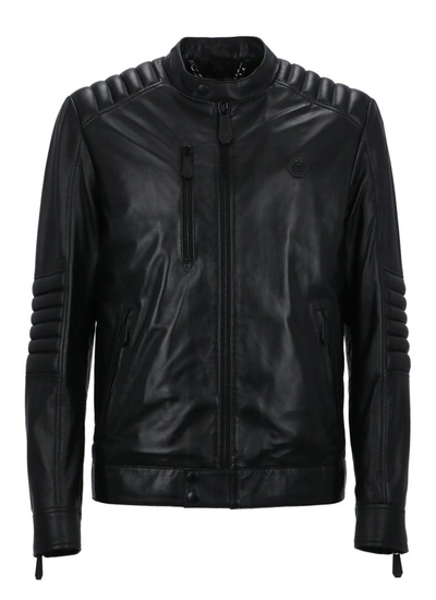 Philipp Plein Band Collar Leather Jacket In Black