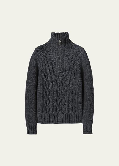 Loro Piana Suede-trimmed Cable-knit Baby Cashmere Half-zip Sweater In Blue