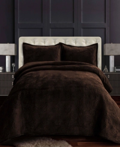 Tribeca Living Lugano Honeycomb Velvet Oversized Solid 3 Piece Quilt Set, King In Dark Brown