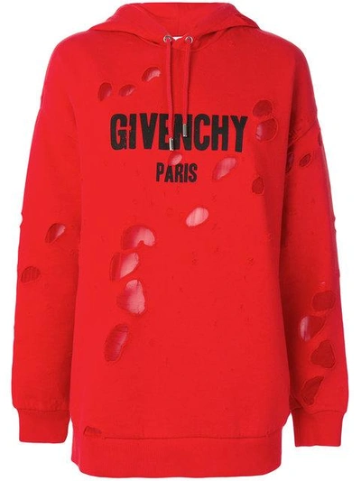 Givenchy Distressed Chiffon-paneled Cotton-jersey Hooded Sweatshirt In Red