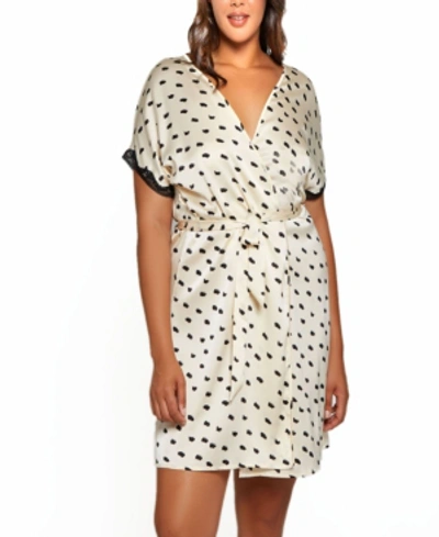 Icollection Plus Size Nadia Polka Dot And Lace Trim Cap Sleeve Wrap In Tan/beige