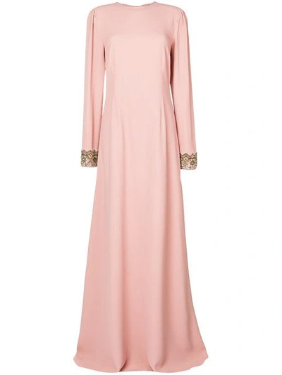Rochas Open Back Embroidered Sleeve Gown
