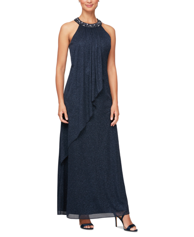 Sl Fashions Beaded Halter Glitter Gown In Navy