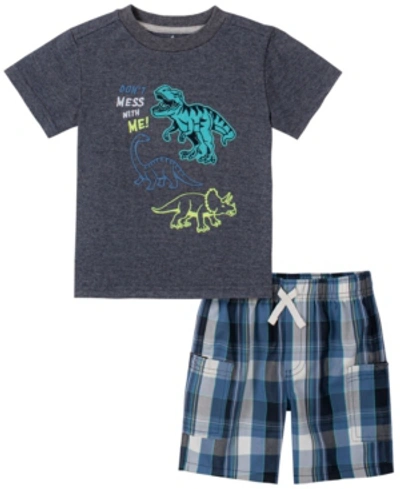 Kids Headquarters Kids' Little Boys 2-piece Dinosaur Motif Short Sleeve T-shirt And Plaid Shorts Set In Navy
