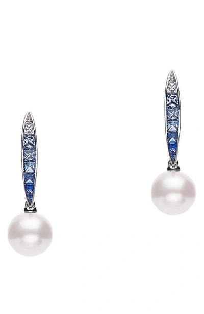 Mikimoto Women's Ocean 18k White Gold, 8mm Round Akoya A+ Pearl & Blue Sapphire Drop Earrings