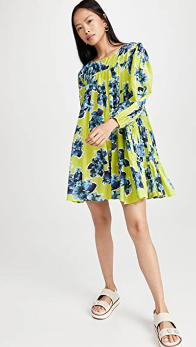 Merlette Siddal Floral-print Corded Tiered Dress In Chartreuse Floral Print