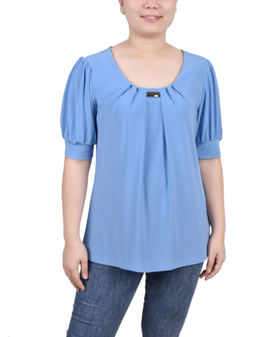 Ny Collection Petite Short Sleeve Balloon Sleeve Top In Silver Lake Blue