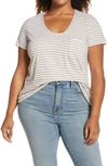 Caslonr Caslon Rounded V-neck Tee In White- Tan C Brooke Stripe