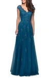 La Femme Embellished Tulle & Lace A-line Gown In Teal