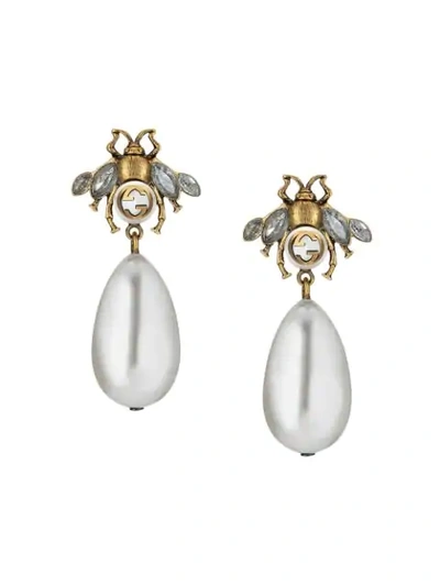 Gucci Bee Earrings With Drop Pearls In Undefined
