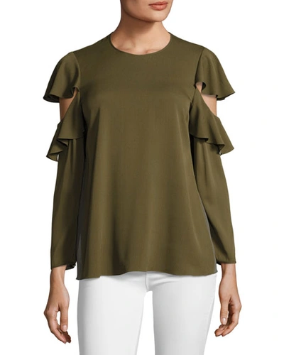 Halston Heritage Long-sleeve Ruffle-sleeve Georgette Top In Olive