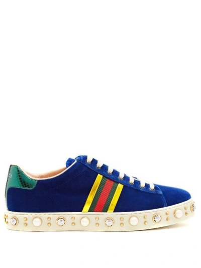 Gucci New Ace Faux-pearl And Crystal Velvet Trainers In Blue