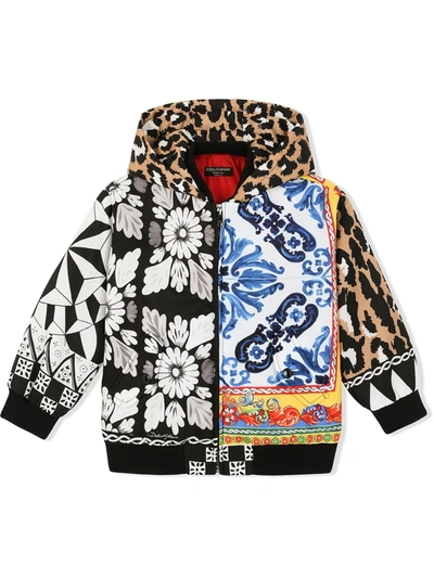 Dolce & Gabbana Kids' Waterproof Fabric Bomber Jacket With Carretto Patchwork Print In Black