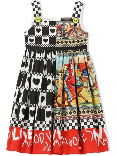 Dolce & Gabbana Kids' Poplin Midi Dress With Carretto Patchwork Print In Multicolor