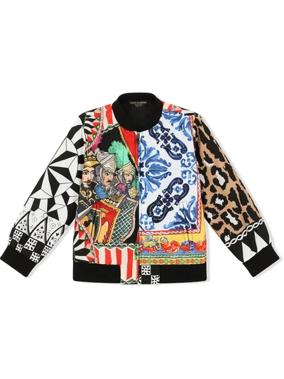 Dolce & Gabbana Kids' Nylon Bomber Jacket With Carretto Patchwork Print In Multicolor