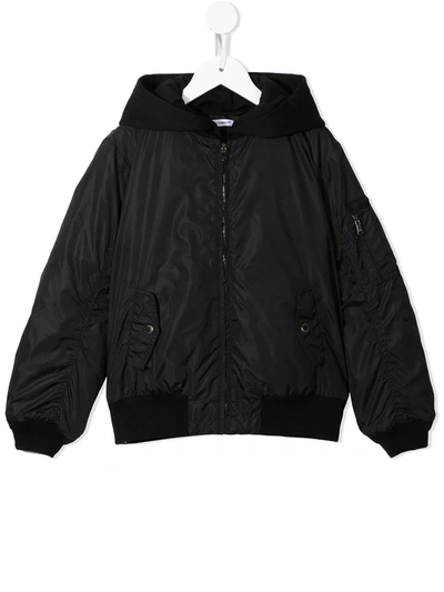 Dolce & Gabbana Kids' Hooded Bomber Jacket In Leather And Nylon With Logo Patch In Black