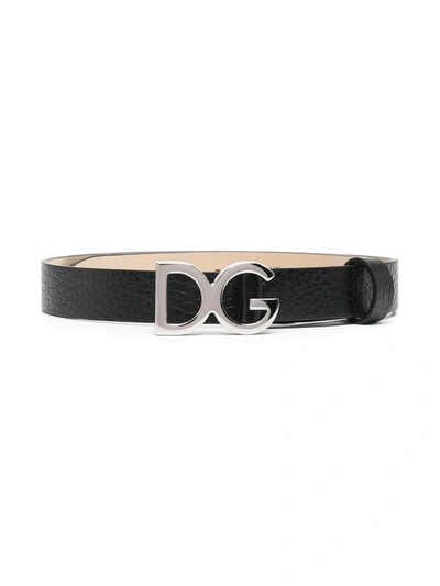 Dolce & Gabbana Kids' Hammered Deerskin Belt With Dg Buckle In Black