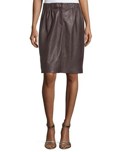 Halston Heritage Gathered Leather Skirt In Dark Brown