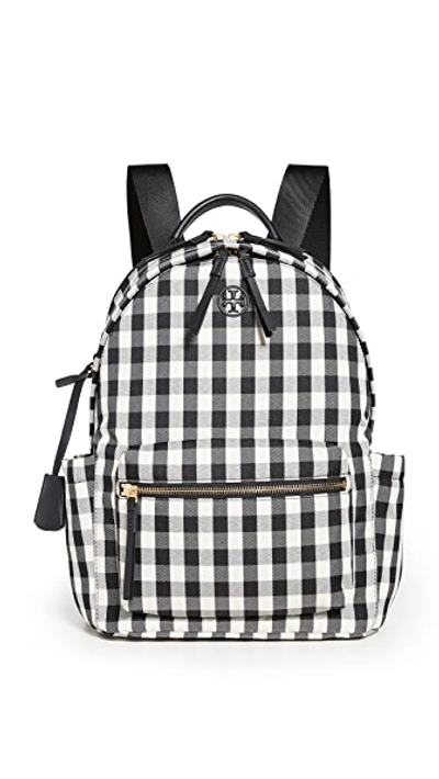 Tory Burch Piper Gingham Zip Backpack In Black / New Ivory Gingham