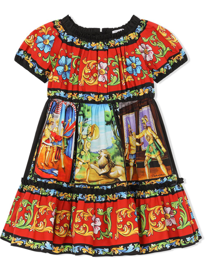 Dolce & Gabbana Kids' All Over Print Ruffled Cotton Dress In Multicolor