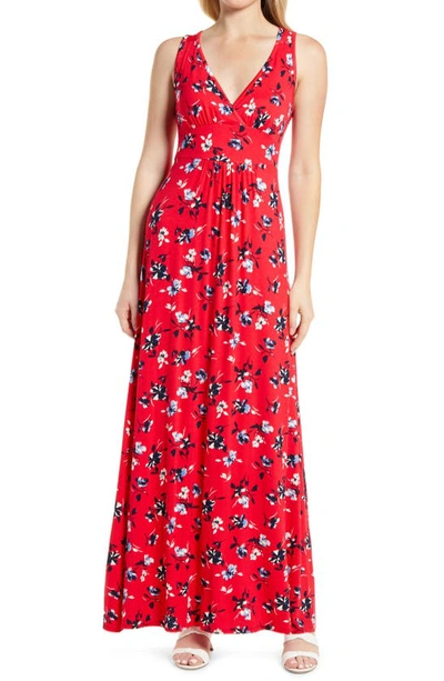Loveappella Floral V-neck Jersey Maxi Dress In Red