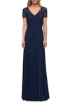 La Femme Floral Embroidered Sheath Gown In Navy