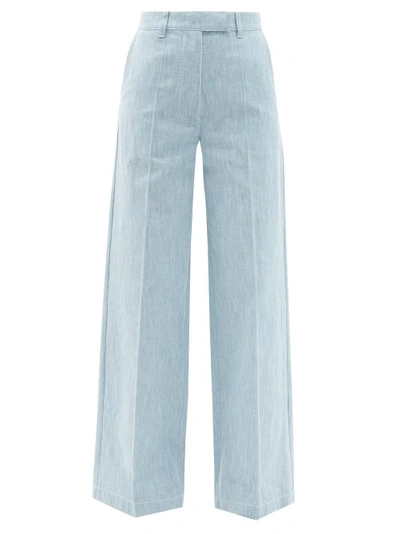 Fendi Ff-embroidered Cotton-chambray Wide-leg Jeans In Blue