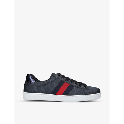 Gucci Mens Blk/blue Men's New Ace Gg-pattern Canvas Low-top Trainers