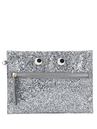 Anya Hindmarch Eyes Glitter Clutch Bag In Silver