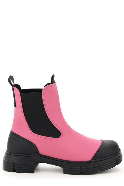 Ganni Two-tone Recycled Rubber Ankle Boots In Black,fuchsia