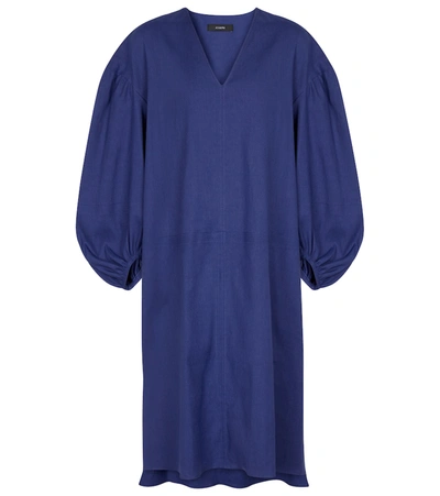 Joseph Womens Cobalt Blue Duna Puff-sleeved Linen-blend Midi Dress 12