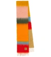 Loewe Leather-trimmed Fringed Striped Mohair-blend Scarf In Yellow & Orange