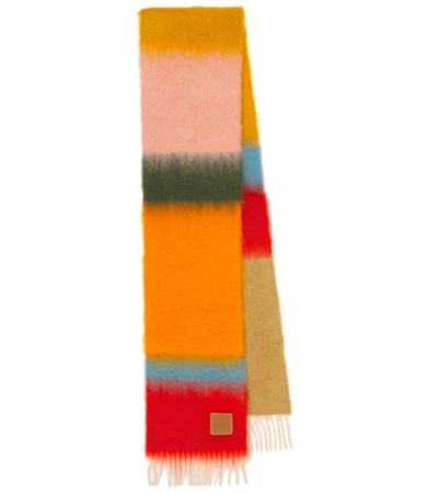 Loewe Leather-trimmed Fringed Striped Mohair-blend Scarf In Yellow & Orange