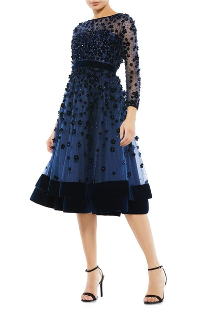 Mac Duggal Long Sleeve Fit & Flare Velvet Embellished Cocktail Dress In Midnight