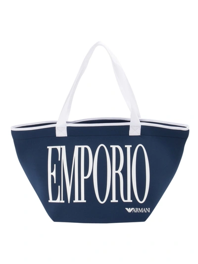 Emporio Armani Branded Technical Fabric Tote Bag In Blue