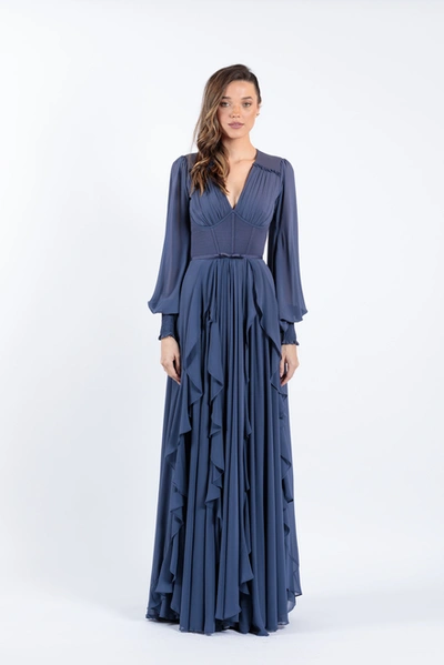 Zeena Zaki Long Sleeve Chiffon Gown In Blue