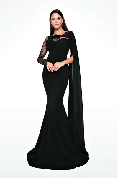 Zeena Zaki Long Sleeve Scuba Crepe Gown In Black