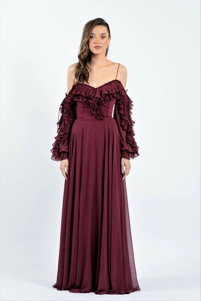 Zeena Zaki Off The Shoulder Ruffled Sleeve Gown In Burgundy