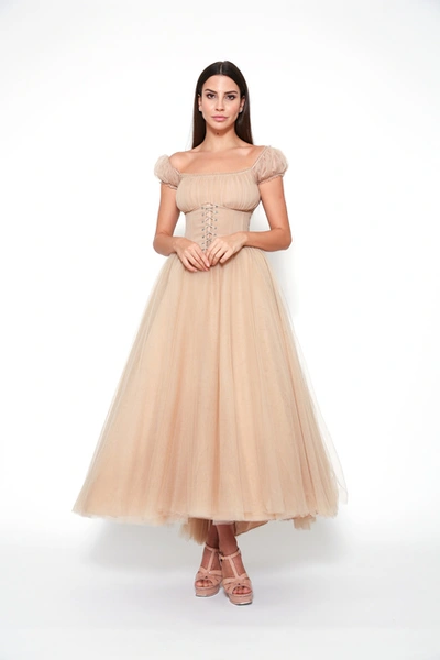 Zeena Zaki Off Shoulder Tulle Dress In Neutrals