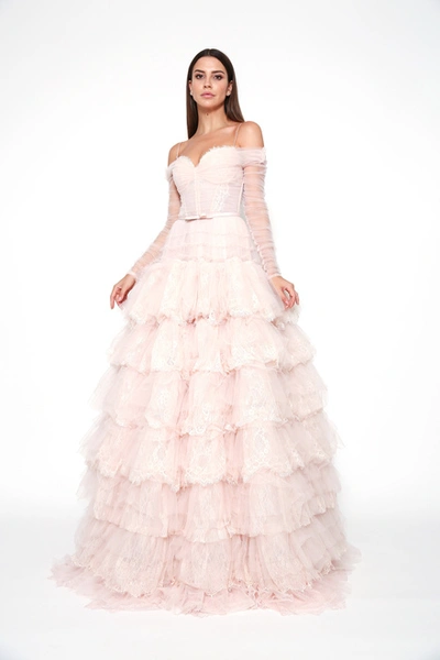 Zeena Zaki Off The Shoulder Tulle Lace Gown In Pink