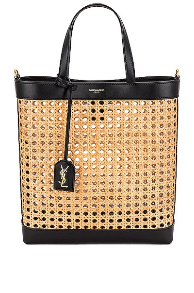 Saint Laurent Shopping Toy Leather-trimmed Straw Tote In Black