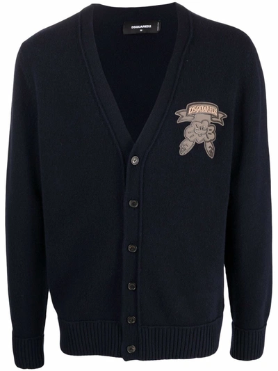 Dsquared2 Logo Patch Knit Cardigan In Navy