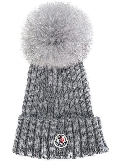 Moncler Wool Knit Beanie Hat W/ Fox Pompom In Grey