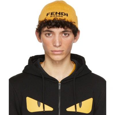 Fendi Mens Yellow Roma Logo-knitted Cotton And Cashmere-blend Beanie Hat In F062jyellow