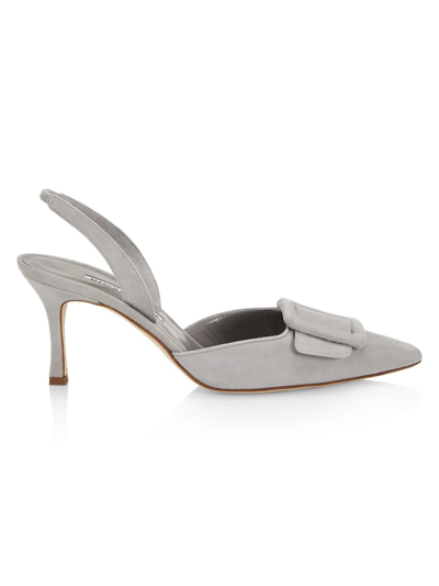 Manolo Blahnik Maysli 70 Buckled Suede Slingback Pumps In Light Grey