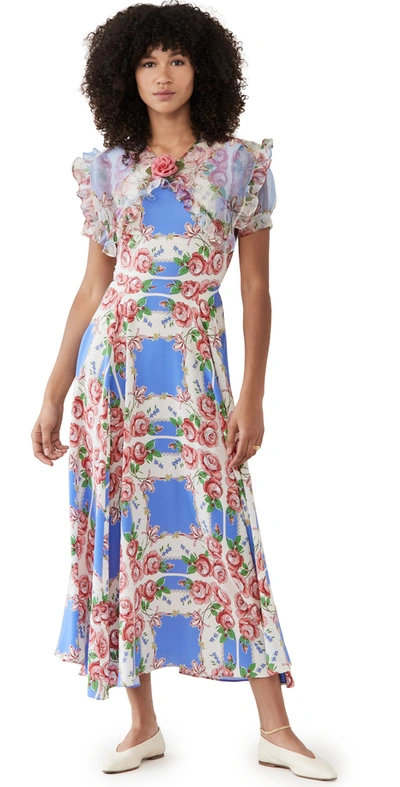 Rodarte Pink And Blue Floral Printed Silk Dress