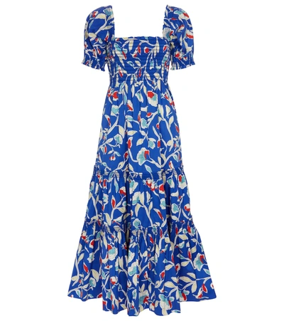 Tory Burch Shirred Floral-print Cotton-blend Maxi Dress In Blue Painted Roses